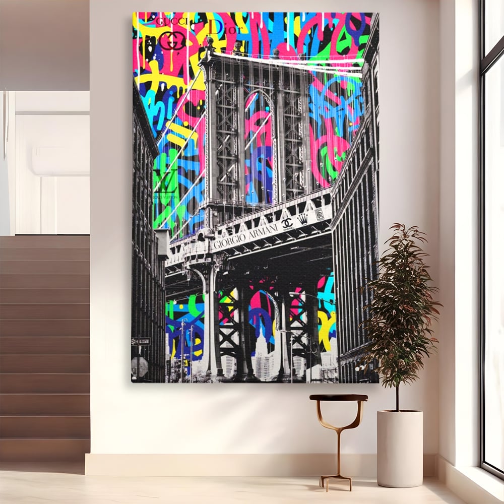 Tablou canvas cu tablou canvas cu pod si graffiti, fara rama, pe sasiu de lemn